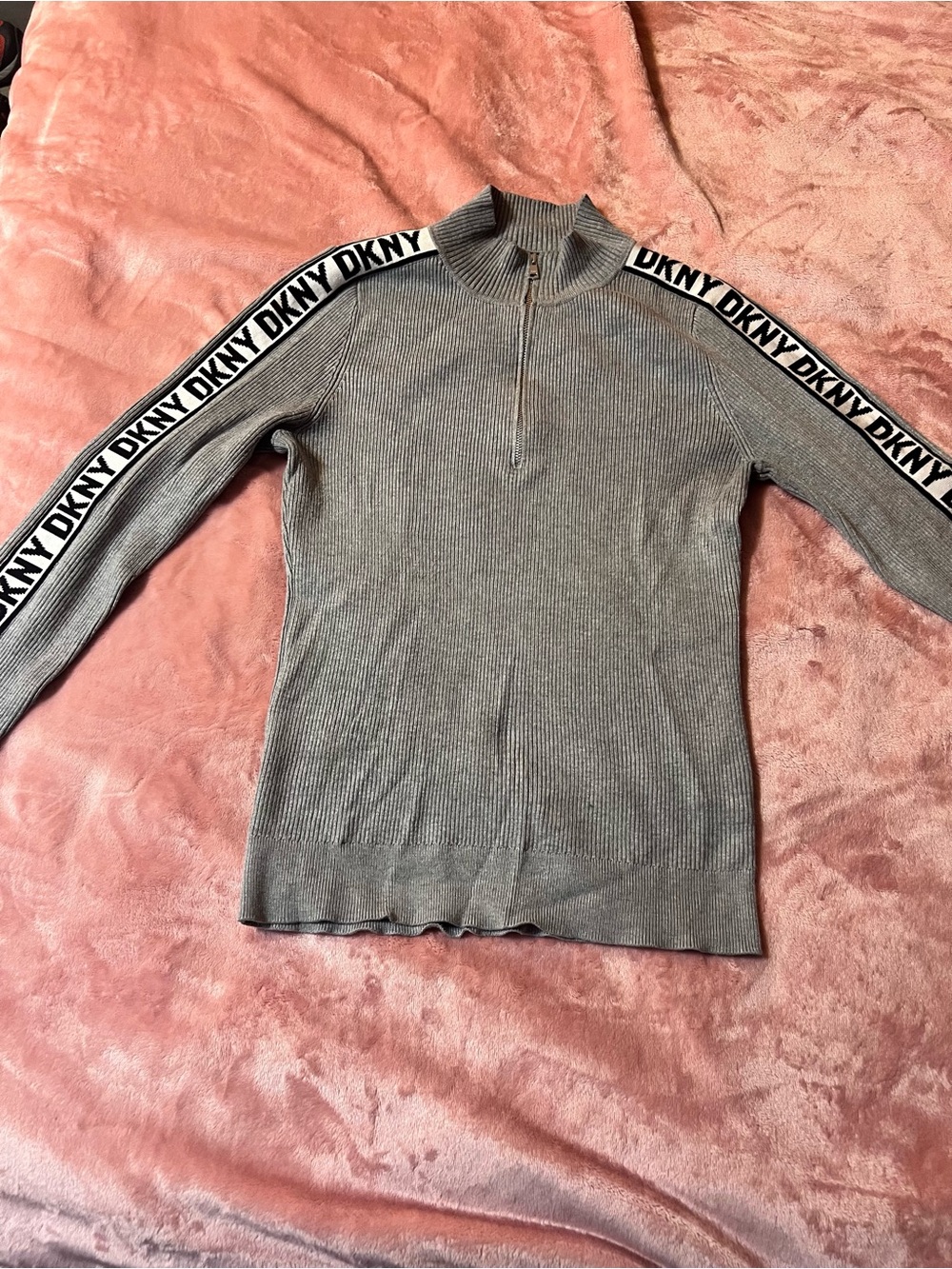 DKNY Women’s Gray Ribbed Half-Zip Sweater with Logo Tape